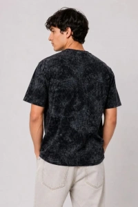 Erkek Yıkamalı Washed Effect Tişört Bisiklet Yaka Sokak Stil Kısa Kol T-Shirt - Siyah