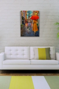 Eyfel Kulesi önünde Kırmızı Şemsiyeli Kadın Yağlıboya Kanvas Tablo 50 x 70