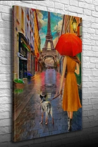 Eyfel Kulesi önünde Kırmızı Şemsiyeli Kadın Yağlıboya Kanvas Tablo 50 x 70
