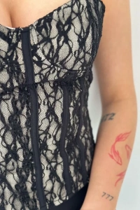 Fermuarlı Dantel Korse Straplez Bustiyer Transparan Şık Top - Bej