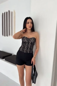 Fermuarlı Dantel Korse Straplez Bustiyer Transparan Şık Top - Bej