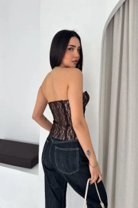 Fermuarlı Dantel Korse Straplez Bustiyer Transparan Şık Top - Kahverengi