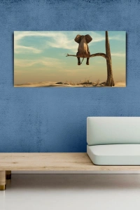 Fil, Çöl ve Kuru Ağaç Retro Kanvas Tablo 60X120