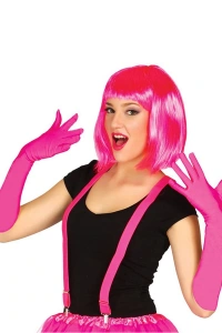 Fuşya Renk Saten Uzun Eldiven ve Küt Parti Peruğu