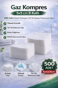 Gaz Kompres 5x5 cm 8 Katlı 500 Adet Steril Olmayan Tel Tel Spanç Pansuman Bezi