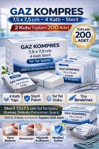Gaz Kompres 7,5x7,5 cm 4 Katlı Steril 200 Adet Tel Tel Spanç Pansuman Bezi (2KUTU)
