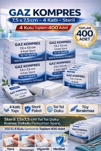 Gaz Kompres 7,5x7,5 cm 4 Katlı Steril 400 Adet Tel Tel Spanç Pansuman Bezi(4KUTU)