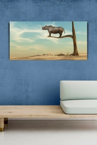 Gergedan, Çöl ve Kuru Ağaç Retro Kanvas Tablo 60 x 120