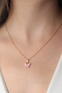 Gold Pembe Renk Kelebek Figür Kadın Kolye