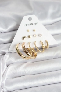 Gold Renk 6 Çiftli Pirinç Kadın Küpe Seti