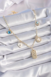 Gold Renk Zirkon Taşlı Çoklu Figür Model Şans Kolyesi