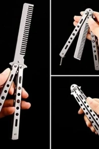 Gri Katlanabilir Paslanmaz Çelik Kelebek Bıçak Tasarımlı Tarak