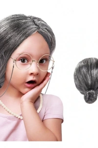 Gri Yaşlı Peruğu çocuk yetişkin uyumlu