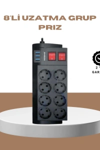 Güçlü Termal Korumalı 8 Priz + 3 USB Çoklu Uzatma Kablosu 2m