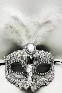 Gümüş Payetli Pullu Tüylü Parti Maskesi