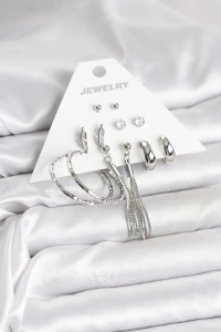 Gümüş Renk Pirinç 6 Çiftli Kadın Küpe Seti