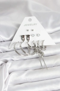 Gümüş Renk Pirinç 6lı Kadın Küpe Seti