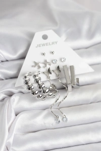 Gümüş Renk Pirinç 6lı Kadın Küpe Seti