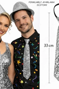 Gümüş Renk Pul Payetli Işıltılı Parti Kravatı 33 cm