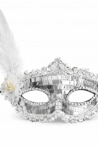 Gümüş Tüylü Payetli Lüks Taşlı Parti Maskesi