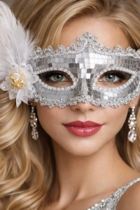 Gümüş Tüylü Payetli Lüks Taşlı Parti Maskesi