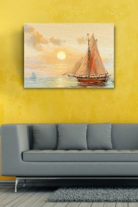 Günbatımında Yelkenli Tekne Yağlıboya Kanvas Tablo 50 x 70