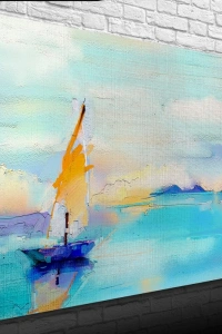 Gündoğumun `da Deniz ve Yelkenli Yağlıboya Kanvas Tablo 50 x 70