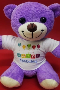 Happy Birthday Tişörtlü Peluş Mor Ayıcık