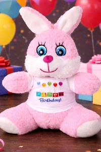 Happy Birthday Tişörtlü Peluş Tavşan