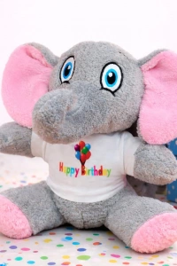 Happy Birthday Tişörtlü Sevimli Peluş Fil