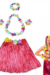 Hawaii Dans Kostümü – Kırmızı Hula Etek & Çiçek Kolye Seti