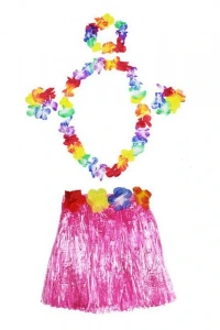 Hawaii  Kolye Etek Taç ve Bileklik Seti Pembe