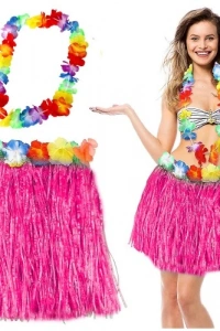 Hawaii Luau Aloha Pembe Püsküllü 40 cm Etek ve Hawaii Kolye Seti