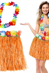 Hawaii Luau Aloha Turuncu Püsküllü 40 cm Etek ve Hawaii Kolye Seti