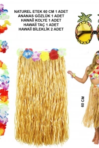 Hawaii Parti Kostüm Seti - 60 cm Hasır Etek, Çiçekli Aksesuarlar ve Ananas Gözlük