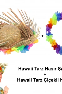 Hawaii Tarzı Tropikal Çiçekli Hasır Şapka ve Çiçekli Hawaii Kolye
