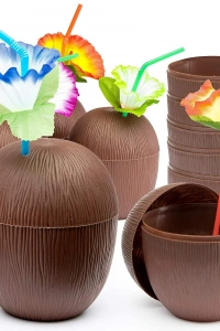 Hindistan Cevizi Hawaii Luau Aloha Pipetli İçecek Kabı Bardak 10x13 cm 1 Adet