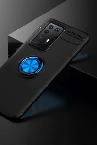 Huawei P40 Pro Kılıf Range Yüzüklü Silikon - Siyah-Mavi