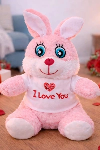 I Love You Tişörtlü Sevimli Pembe Peluş Tavşan