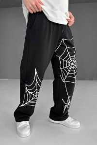 İki İplik Kumaş Örümcek Baskılı Esofman - Siyah