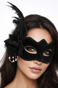 İnci Detaylı Siyah Süet Venedik Kadın Maskesi