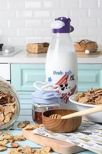 İnek Tasarımlı Sevimli Cam Suluk - Süt Şişesi 1000 ML