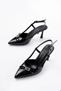 İNF-2300 Siyah Rugan Günlük Arkası Açık Fiyonklu Topuklu Bayan Ayakkabı