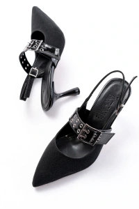 İNF-260 Siyah Simli Günlük Arkası Açık Baret Tokalı Topuklu Bayan Ayakkabı