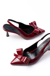 İNF-4501 Bordo Rugan Günlük Arkası Açık Fiyonklu Topuklu Bayan Ayakkabı