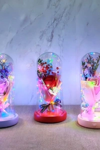 Işıklı Müzikli Cam Fanus İçinde Lavantalı Romantik Gül