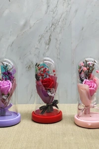 Işıklı Müzikli Cam Fanus İçinde Lavantalı Romantik Gül