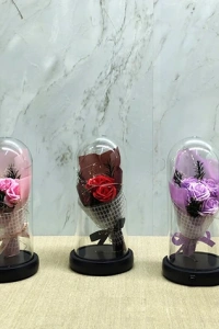 Işıklı Müzikli Fanus içinde Gül Buketi