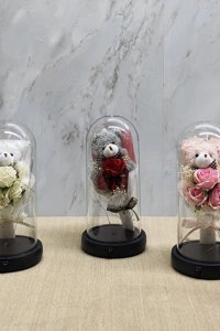 Işıklı Müzikli Fanus içinde Sevimli Ayıcıklı Gül Buketi