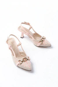 K-250 Pudra Keten Günlük Arkası Açık Tokalı Topuklu Kadın Ayakkabı